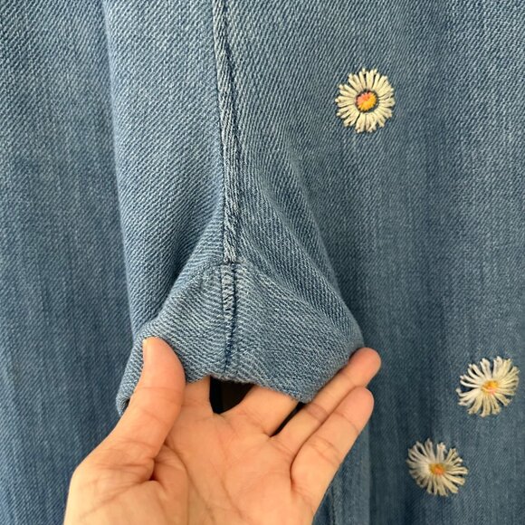 We The Free Embroidered Daisy Wide Leg High Rise Pants Cotton Flat Front Blue Sz - Picture 6 of 14